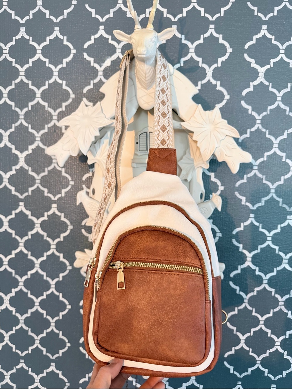 Two-Tone Brown & Cream Leatherette Shoulder Bag